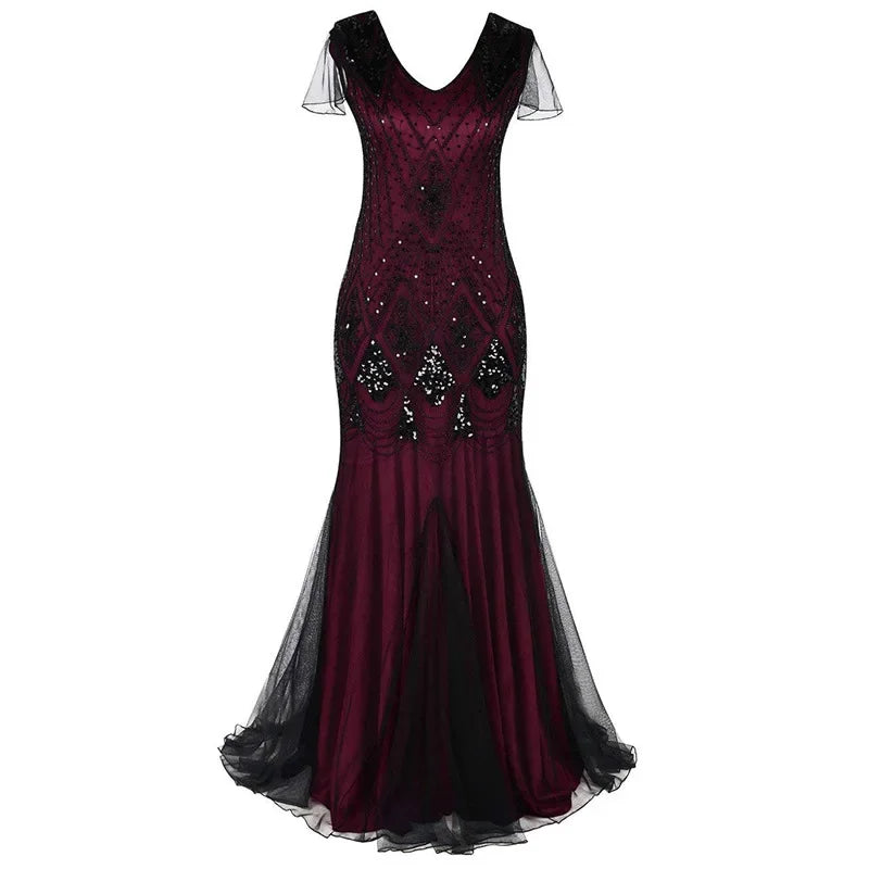 Women's Fashion 1920s Flapper Dress Vintage Great Gatsby Long Evening Prom Sequin Party Dress Women Mesh Costume