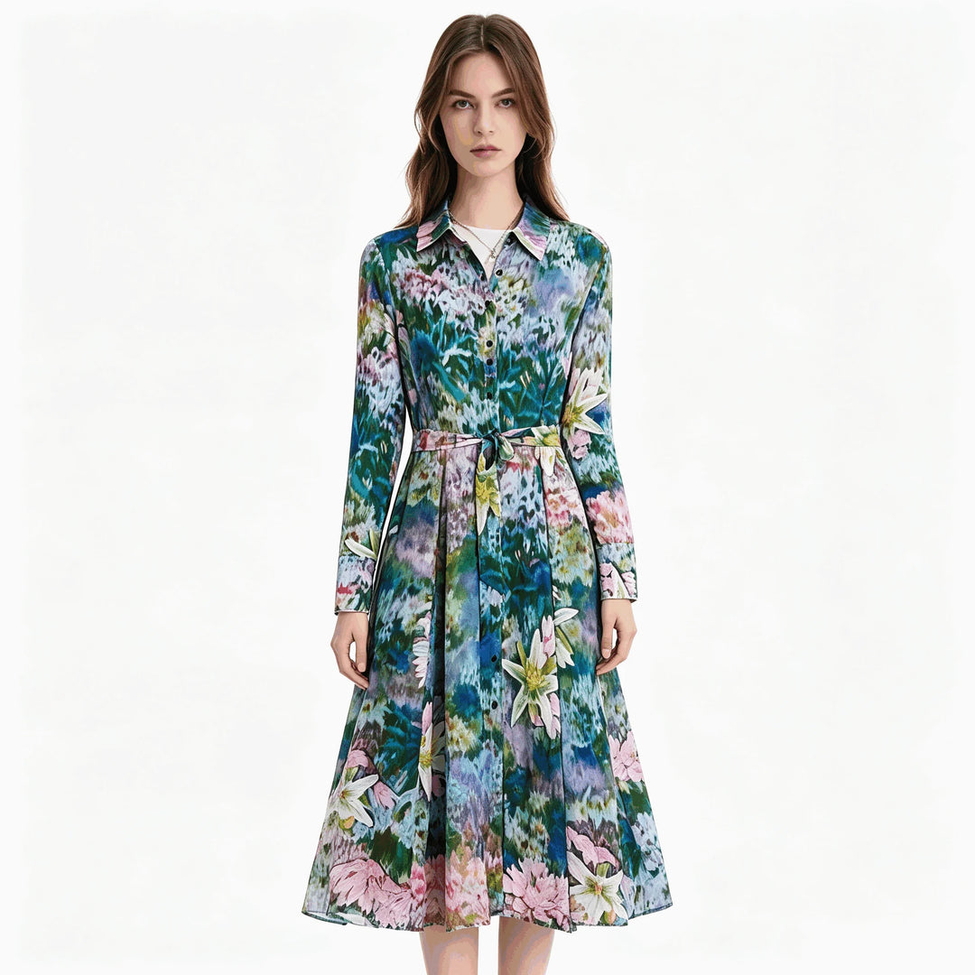 European, American and Spanish original single women's dress with printed elastic splicing light luxury long skirt new product