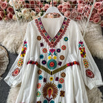 Load image into Gallery viewer, Women Vintage Dress Bohemian Ethnic Seaside Holiday Dress Spring Embroidered V-Neck Beach Dress Sundress Casual Pleated Vestidos