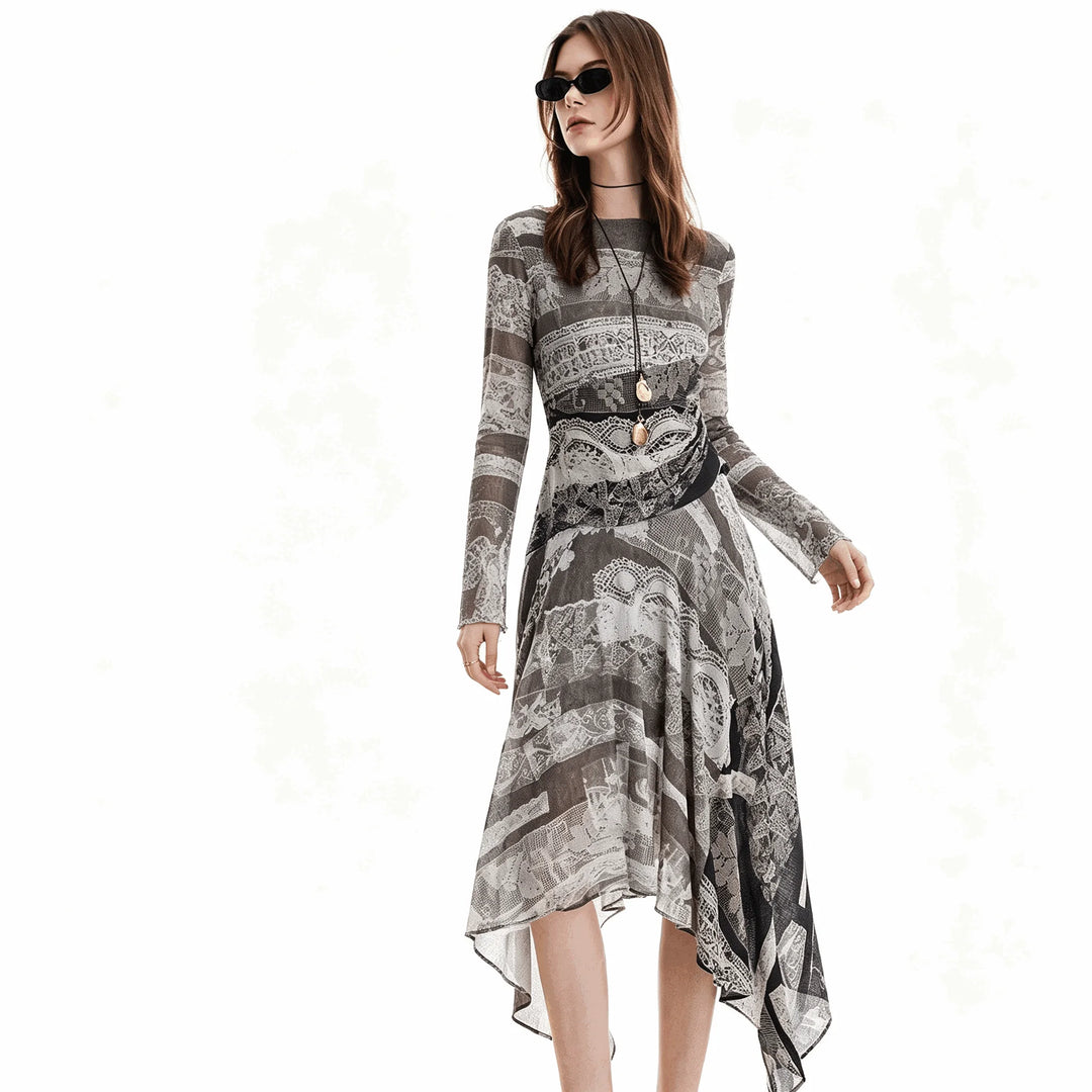 European, American and Spanish original single women's dress with printed elastic splicing light luxury long skirt new product