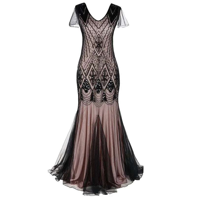 Women's Fashion 1920s Flapper Dress Vintage Great Gatsby Long Evening Prom Sequin Party Dress Women Mesh Costume