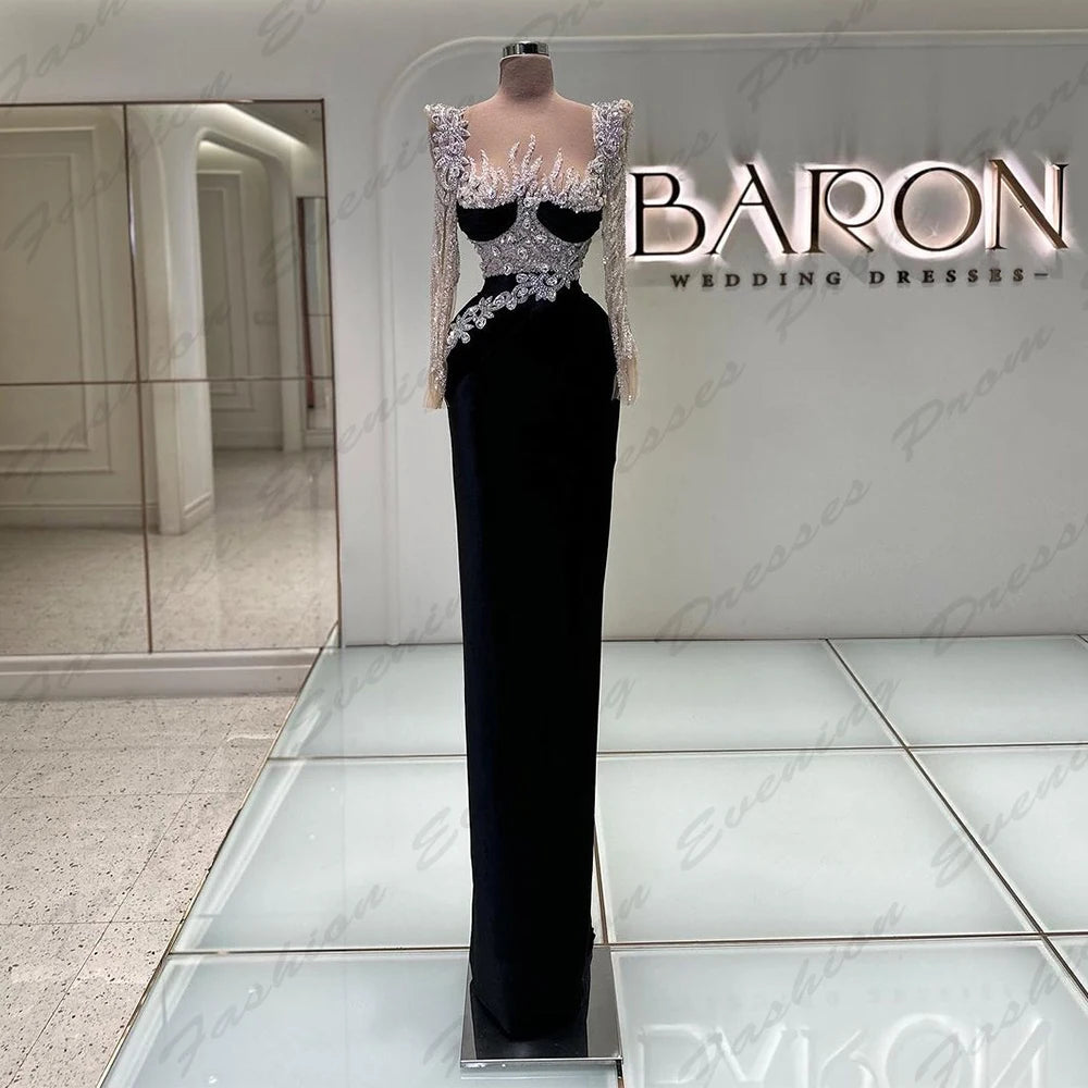 Gorgeous Black Women's Evening Dresses Fascinating Sparkling Beading Mermaid Simple Long Sleeves Slimming Customized Prom Gowns