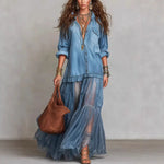 Load image into Gallery viewer, Denim Dress Women Dresses A Line Turn Down Collar Full Sleeve Ruffled Vintage Elegant Mesh Splice Work Causl Y2k Streetwear 2026
