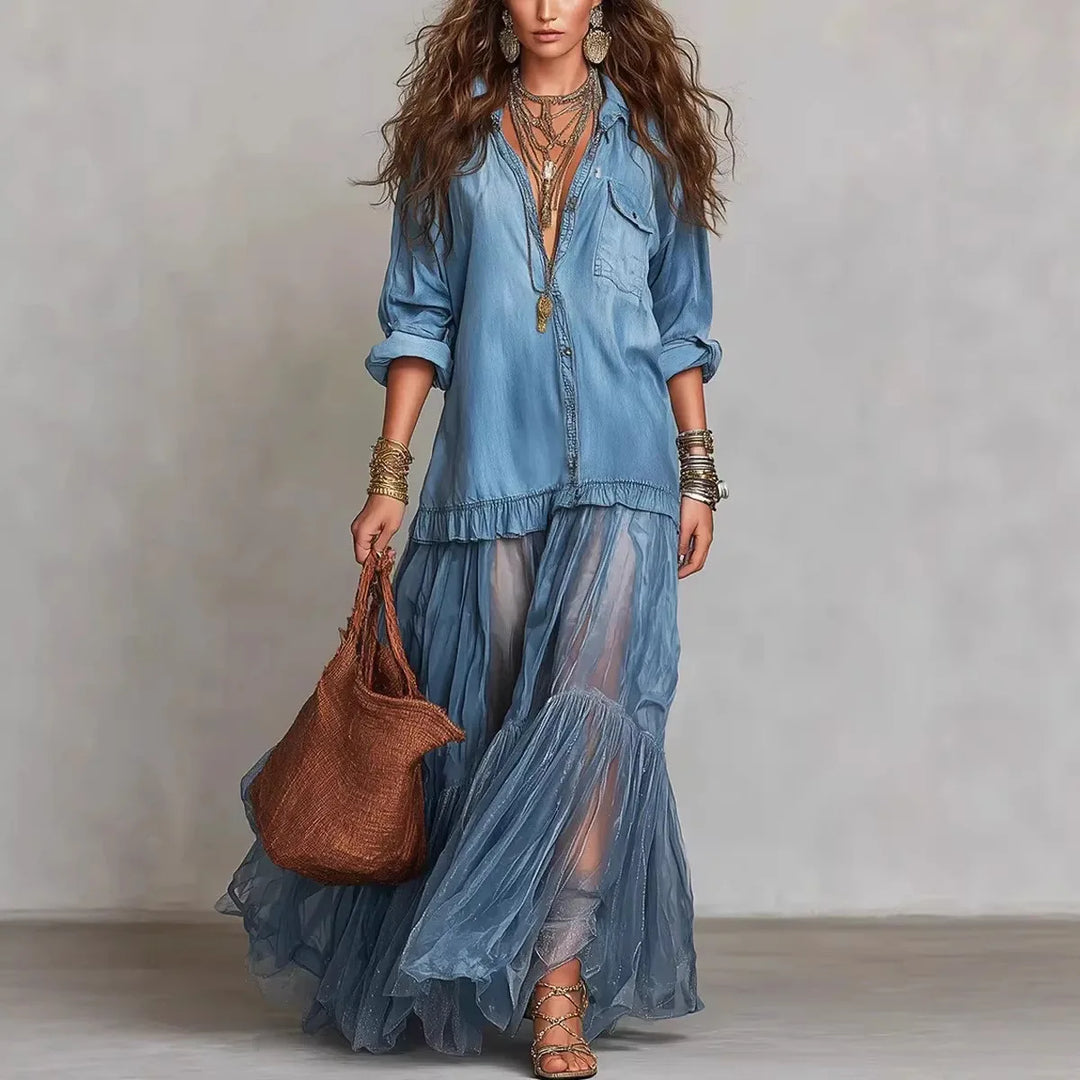 Denim Dress Women Dresses A Line Turn Down Collar Full Sleeve Ruffled Vintage Elegant Mesh Splice Work Causl Y2k Streetwear 2026