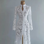 Load image into Gallery viewer, Women's Lace Dress for Women Fall Stand Collar Single Breasted Long Sleeve Coat Midi Dress See Through Elegant Sweet Dresses