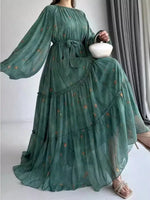 Load image into Gallery viewer, Muslim Women's Dress Casual Fashion Middle Eastern Chiffon Round Neck Tie-Dye with Belt Long Temperament Elegant Arab Dress