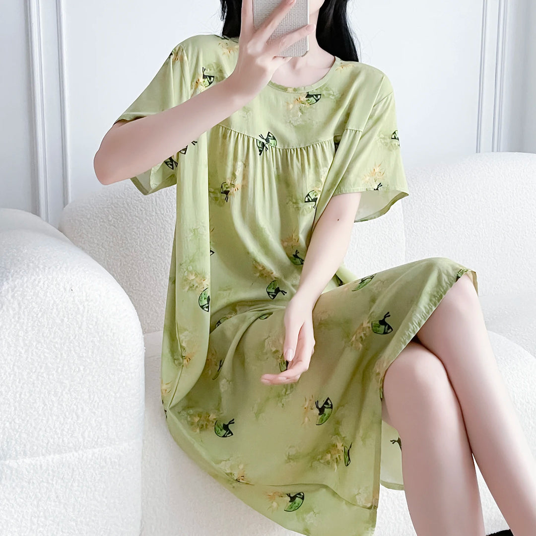Women's Cotton Silk Sleep Dress Thin Short Sleeve Long Summer Breathable Sweat Absorbent Outerwear Casual Home Leisure Print