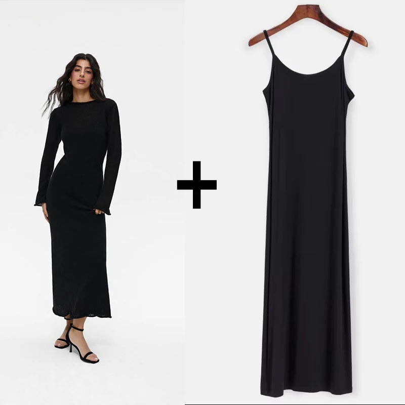 Sweet Pink Mohair Knitted Dress+Vests Dress Women New O-neck Casual Long Sleeve Dresses Suspenders Chic Vintage Two-piece Suit