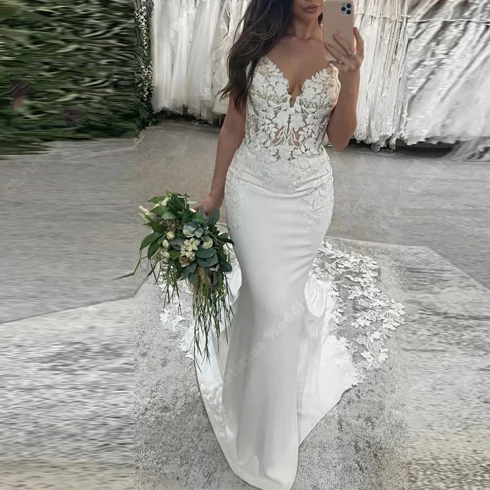 Elegant Women Women Wedding Dresses Sexy V-Neck Lace Printing Mermaid Robes Mopping Length Princess Vestido De Novias Customized