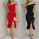 Load image into Gallery viewer, Women's Party Dress Sexy Off Shoulder Split Ruffle Solid Bodycon Knee-length Dress Fashion Glitter Party Elegant Dresses Vestido