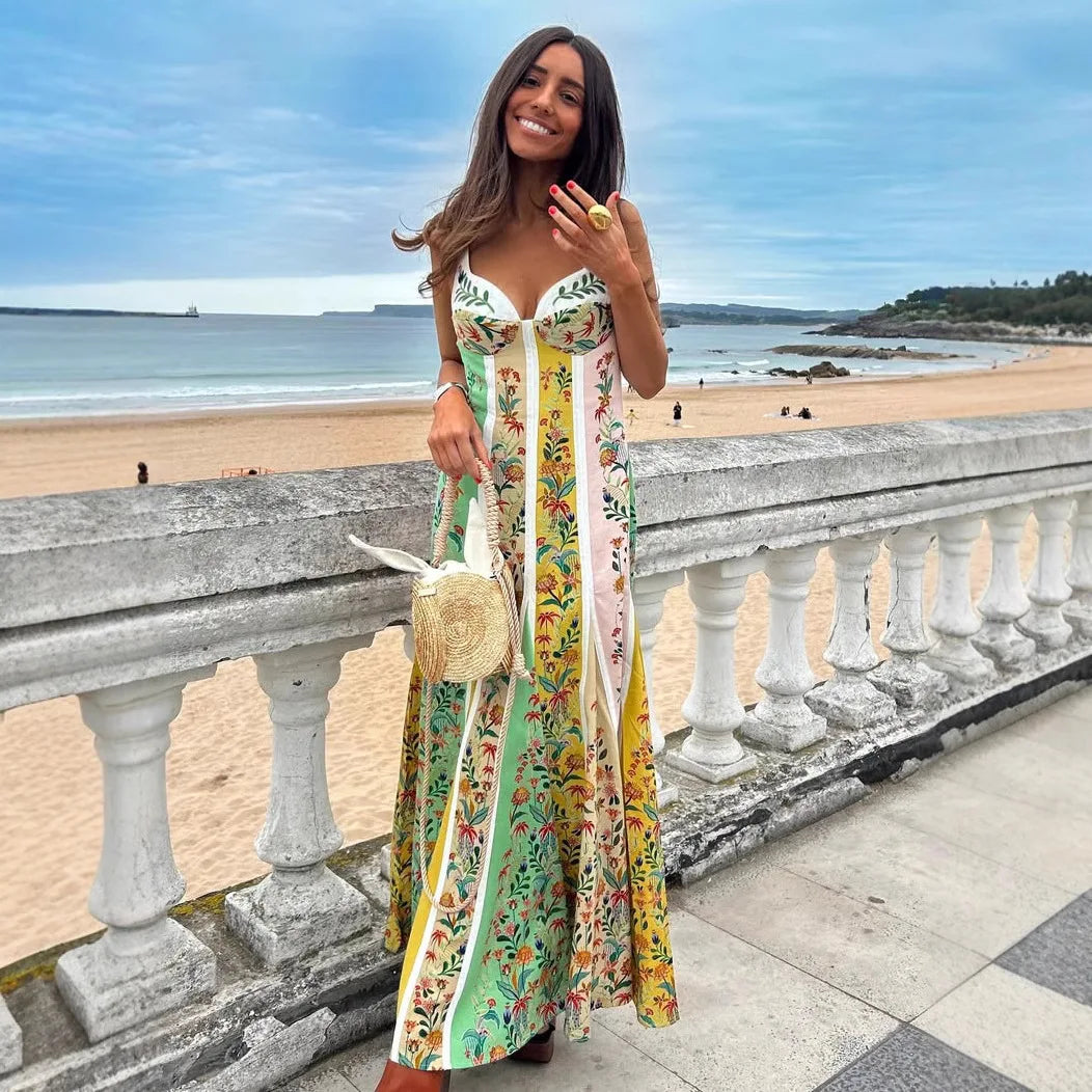 Women Elegant Sleeveless Party Dresses Casual Deep V Neck Maxi Dress Sexy Ladies  Backless High Waist Print Dress Vestidos