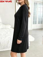 Load image into Gallery viewer, Long-Sleeved Dress for Women. Loose Round-Neck Long-Style Solid-Color Basic Home-Style Casual Dress.