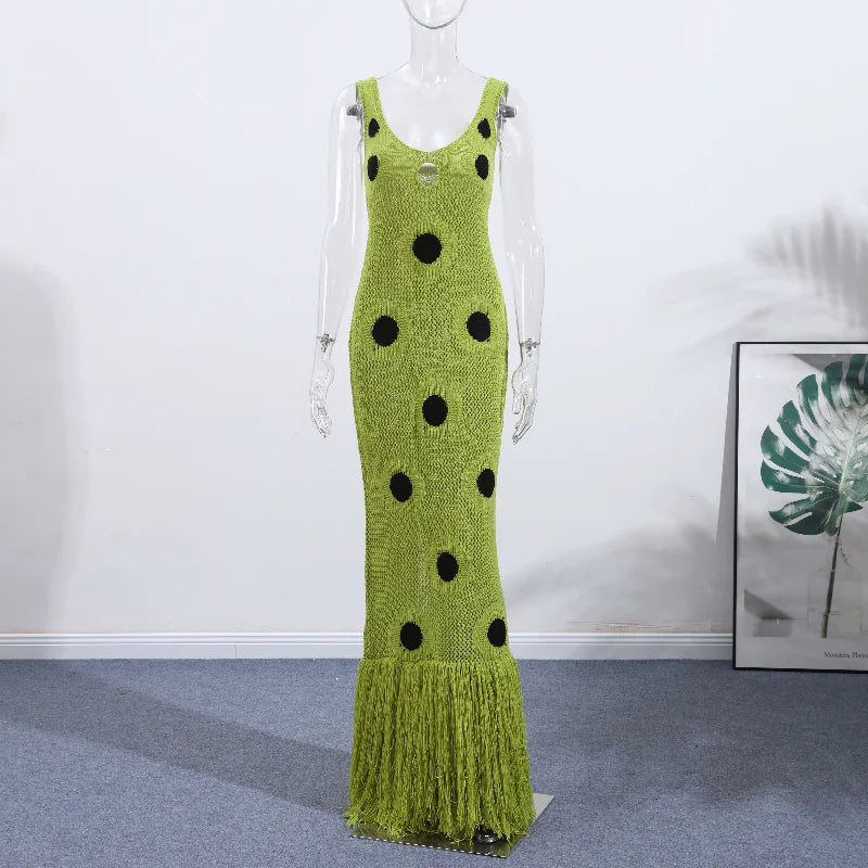Women Sexy See Through Knitted Maxi Dress Hollow Out Deep Neck Pot Robes Tassel Hem Fork Party Vestidos  New Lady Club Dress