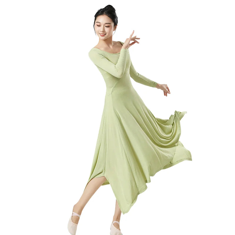 Women Modern Dance Long Dress  Solid Ice Silk Practice Clothes Big U Collar Irregular Split Hemline Folk Dancer Worship Costume