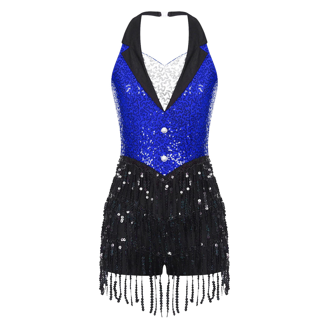Women Modern Dance Dress Performance Costume Shiny Sequins Sleeveless Latin Jazz Tango Salsa Dance Leotard Bodysuit Dress Outfit