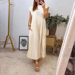 Load image into Gallery viewer, Women's Sleeveless Dress, Mid-Length Pleated Solid-Colour Round Neck Loose-Fit Casual Long Dress for Everyday Commuting