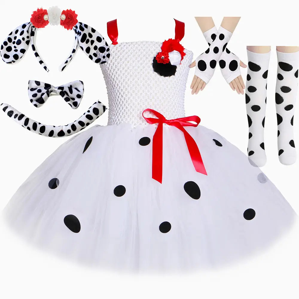 Dalmatian Costume Kids Cute Flowers Spotted Dog Tutu Dress Toddler Girls Halloween Festival Party Animal Puppy Dress Up Outfits