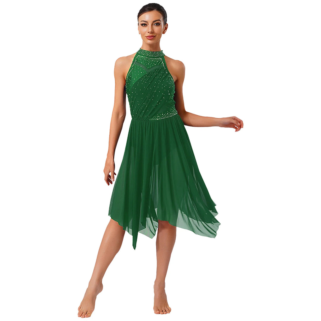 Women Lyrical Dance Dress Halter Glittery Rhinestones Patchwork Irregular Mesh Ruffled Hem Dress for Dance Classes Competition