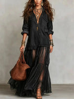 Load image into Gallery viewer, Denim Dress Women Dresses A Line Turn Down Collar Full Sleeve Ruffled Vintage Elegant Mesh Splice Work Causl Y2k Streetwear 2026