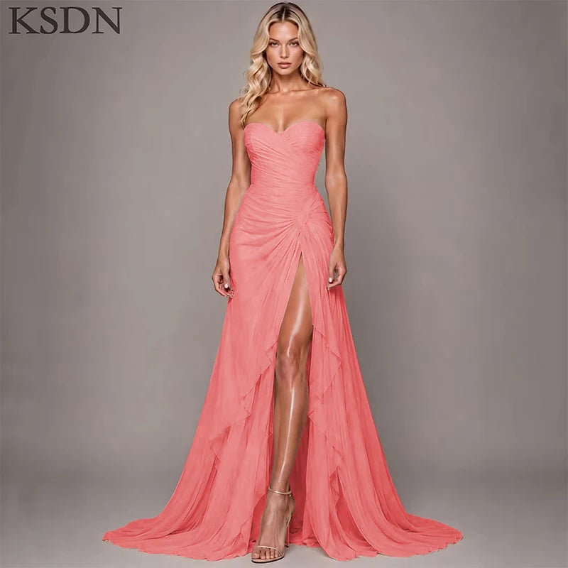 Elegant Women Evening Dresses for Women Luxury Chiffon Chapel Train Gowns Side Slit Sleeveless Wedding Long Dress Vestidos