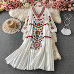 Load image into Gallery viewer, Women Vintage Dress Bohemian Ethnic Seaside Holiday Dress Spring Embroidered V-Neck Beach Dress Sundress Casual Pleated Vestidos