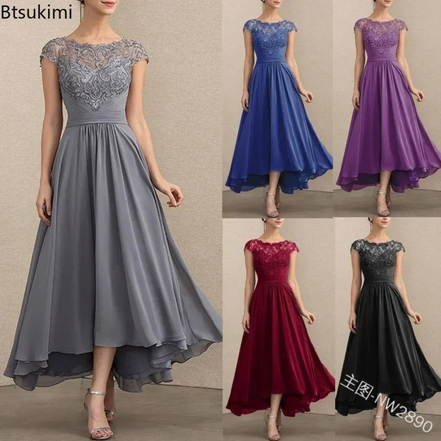 2026 Women's Elegant Evening Dresses O-Neck Sleeveless A-LINE Lace Chiffon Long Dresses Simple Prom High Waist Dress Female Robe