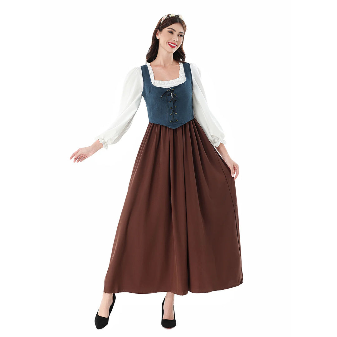 Women Medieval Dress Renaissance Retro 1860s Tavern Maid Cosplay Strap Waist Dress Halloween Oktoberfest Beer Party Costume