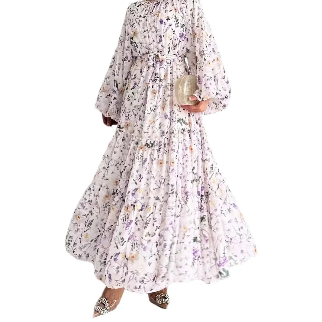 Muslim Women's Dress Casual Fashion Middle Eastern Chiffon Round Neck Tie-Dye with Belt Long Temperament Elegant Arab Dress