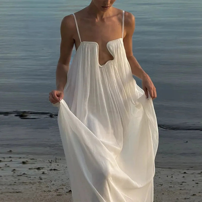 Women's Dresses 2026 Spring U Neck Metal Decor Hollow Boho Party Dress Summer Backless Solid Loose Sling Long Maxi Dress Vestido