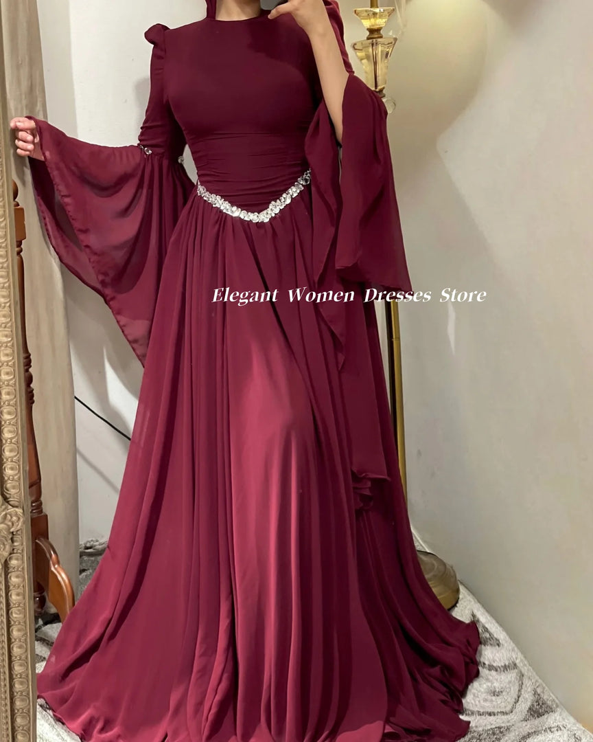 Muslim Women Evening Dresses Long Sleeve Summer Chiffon Party Dresses A Line Sage Green Prom Dress فساتين سهرة Customized