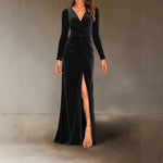 Load image into Gallery viewer, Velvet Dress for Women 2025 Autumn Winter New V-neck Slim Twist High Waist Evening Dress Sexy Solid Color Pleated A-line Dresses