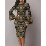 Load image into Gallery viewer, Women's Elegant Bodycon Dress with Flared Sleeves Unique Blue &amp; Gold Metallic Swirl Print Boho Chic Midi Dress for Night Out