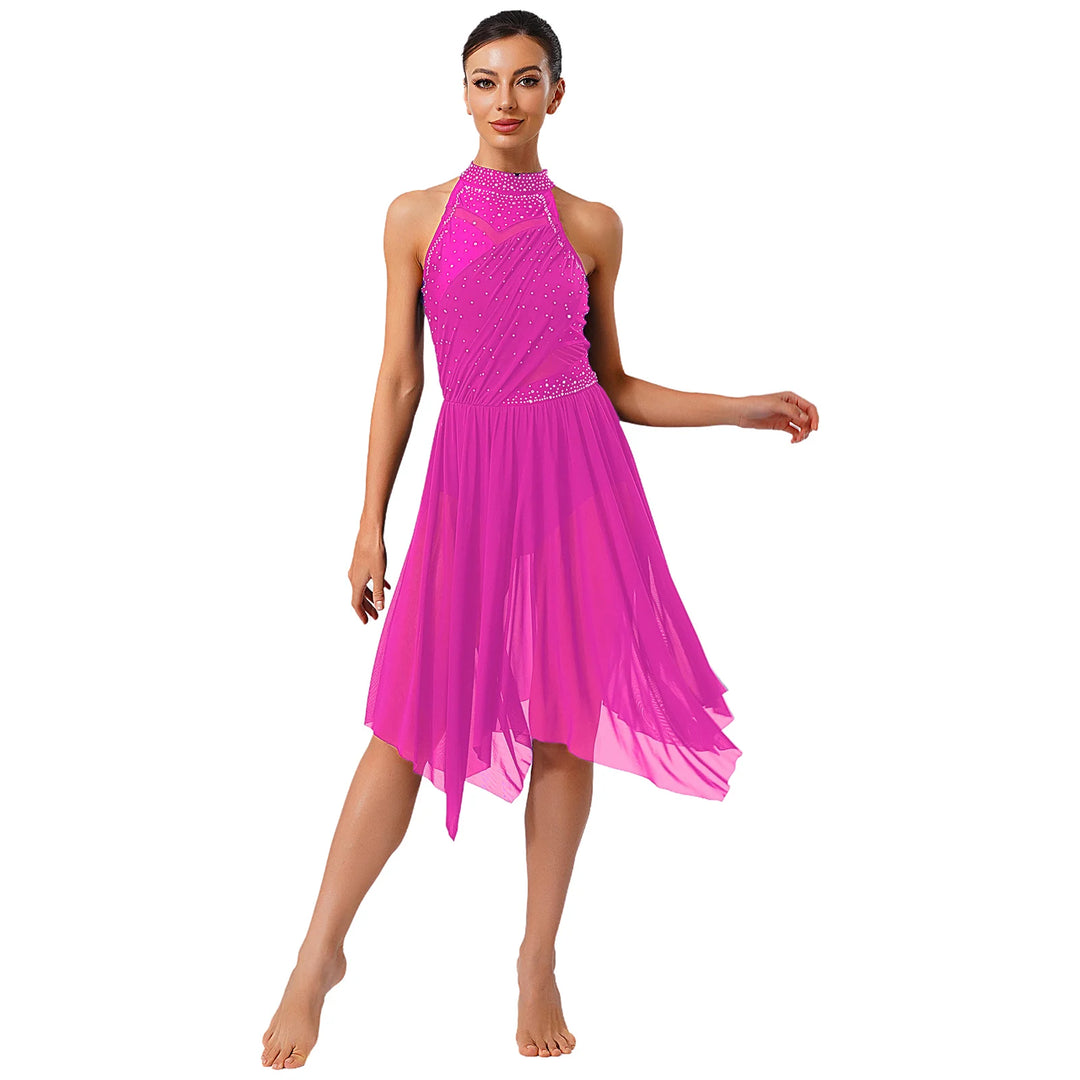 Women Lyrical Dance Dress Halter Glittery Rhinestones Patchwork Irregular Mesh Ruffled Hem Dress for Dance Classes Competition