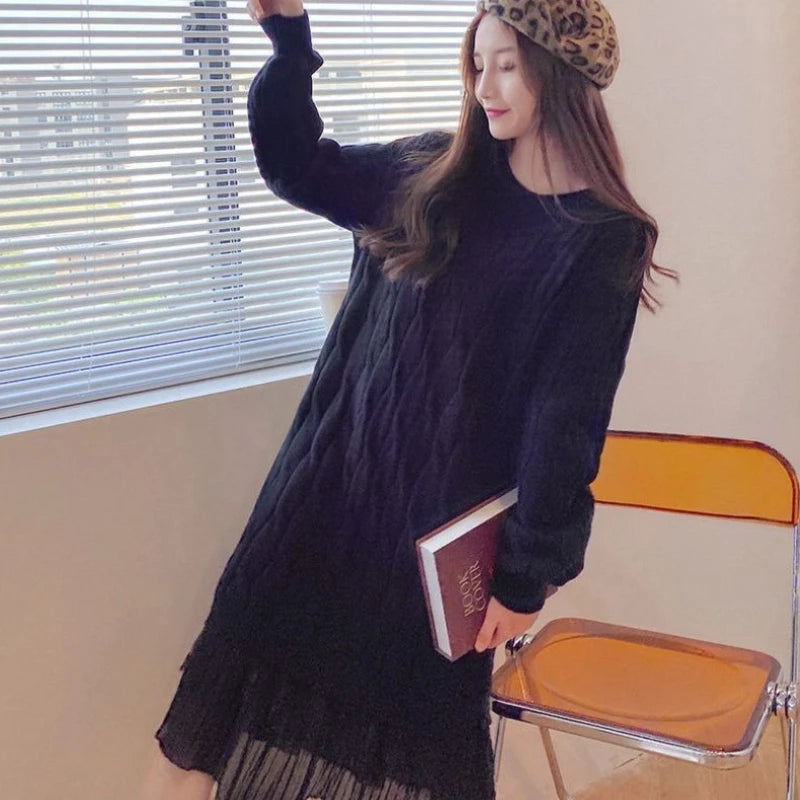 Woman Knitted Dress Pink Casual Trend Essential Cool Comfortable Clearance Sale Deals Korean Crochet Dresses For Women Splicing