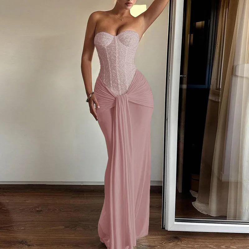 Women's Dress Fashion Backless Solid Slim Long Elegant Evening Dress Summer Ribbon Sequin Nightclub Sexy Cocktail Party Dresses