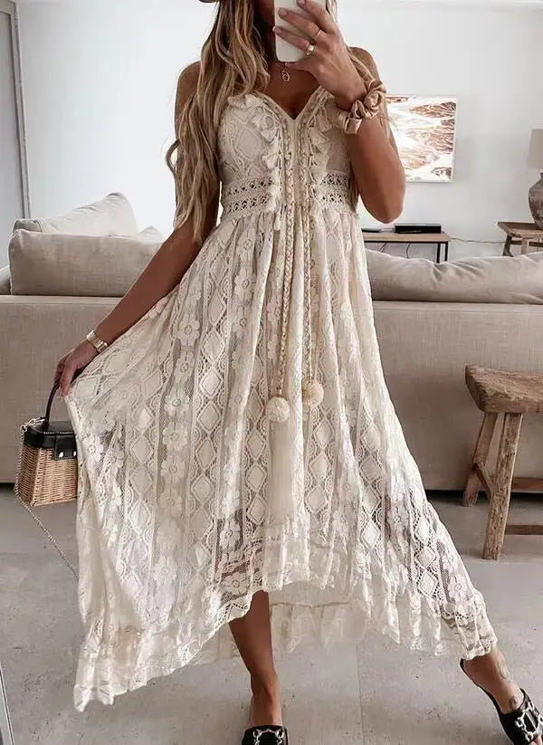 Women's Dress White Hollow Out Cotton Sundress Lace Sleeveless Long Splicing Summer Party Elegant Evening Woman Skirt Clothing