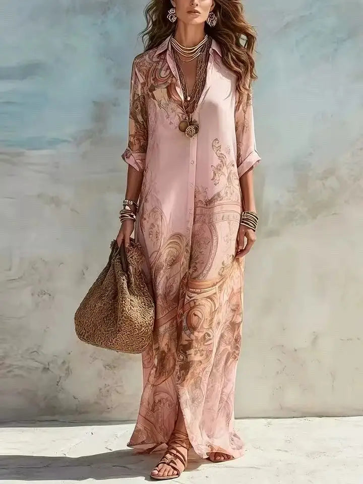 Elegant Shirt Dress for Women Chiffon Digital Print Turndown Collar Single-breasted Dresses Flowy Casual Boho Summer Clothing