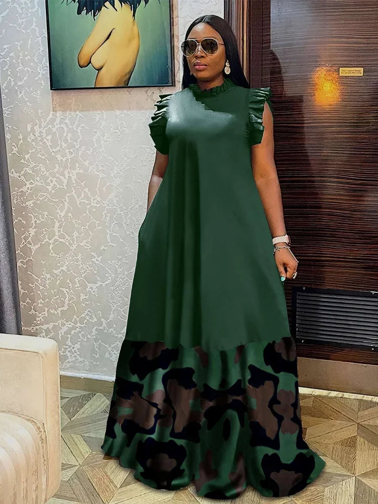 Women Dress Floor Length Dresses Solid A Line Round Neck Sleeveless Ruffles Casual Loose Elegant Splice Sexy Vestidos 2025