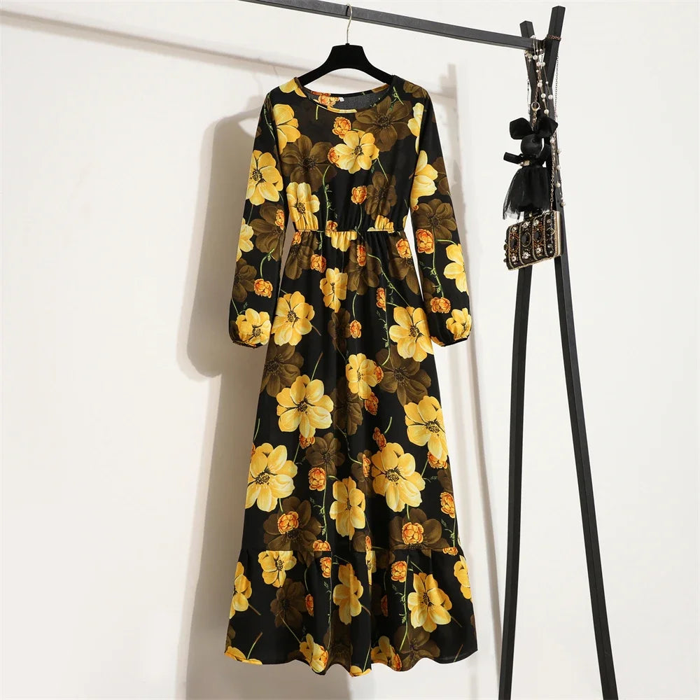 Women Long Dresses Spring Summer Casual Full Sleeve Floral geometry Printed O neck Woman Bohe Beach Party Dress Mujer Vestidos