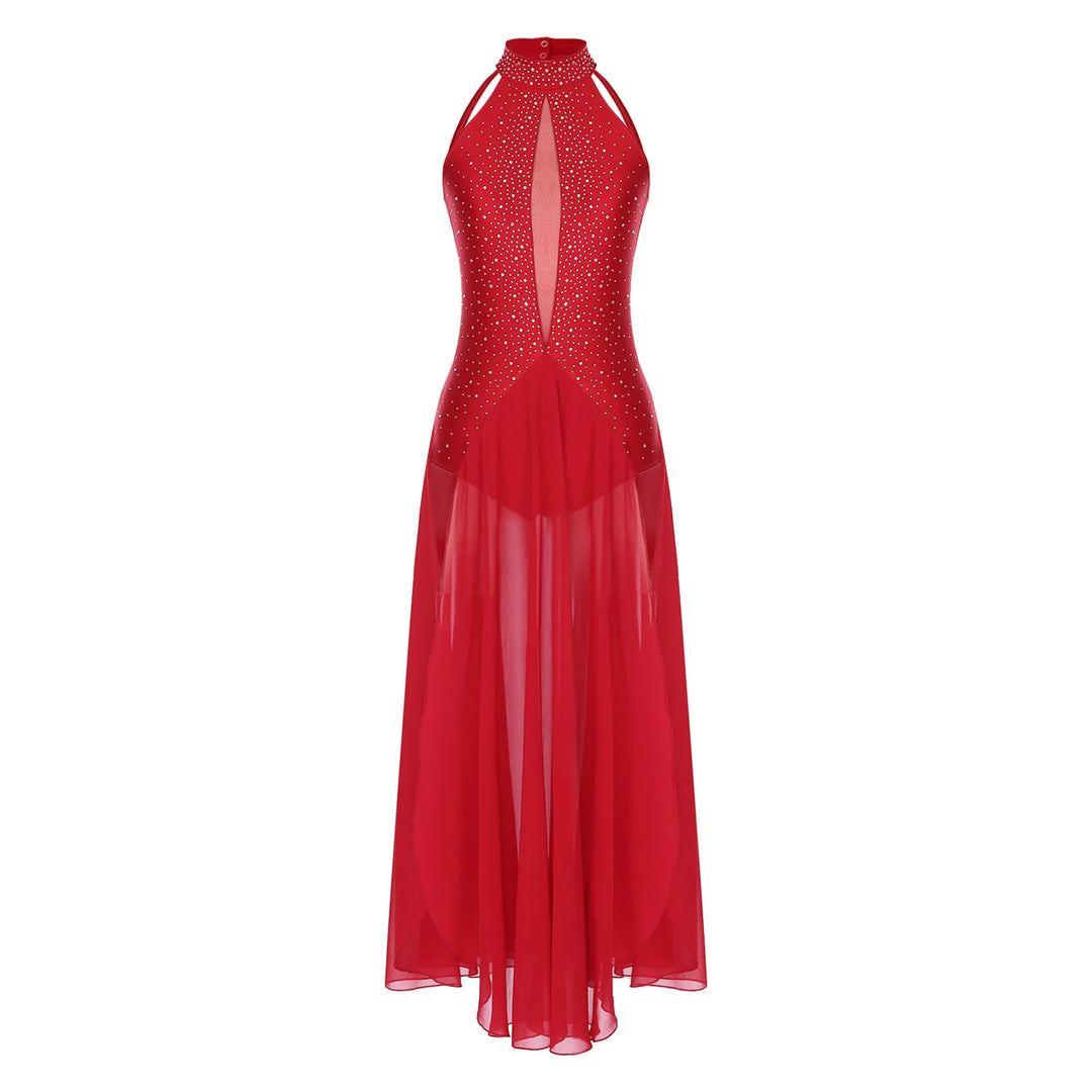 Women Lyrical Dance Dress Modern Contemporary Dancewear Halter Strappy Back Rhinestones Split Dress for Performance Competition