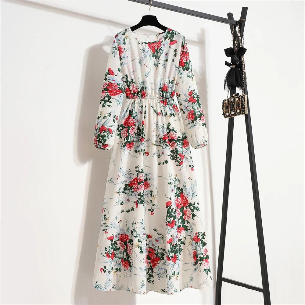Women Long Dresses Spring Summer Casual Full Sleeve Floral geometry Printed O neck Woman Bohe Beach Party Dress Mujer Vestidos