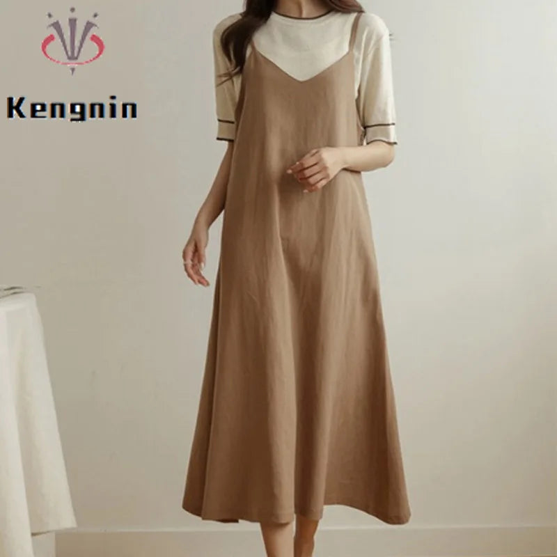 Dresses for Women 2025 Loose Elegant Dress Woman Sexy Sleeveless Spaghetti Strap Pockets Cotton Off The Shoulder Dress KE1409