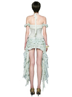 Load image into Gallery viewer, Women Ruffles Draped Dress Three Piece Sets Sexy Halter Neck Folds Ruffled Dress+Lace-up Corset Top+Shorts Suits Party Cocktail