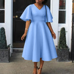 Load image into Gallery viewer, Elegant Dresses for Women V Neck Flare Sleeve High Waisted Pleated A Line Mid Calf Luxury Birthday Party Dinner Vestidos Mujer