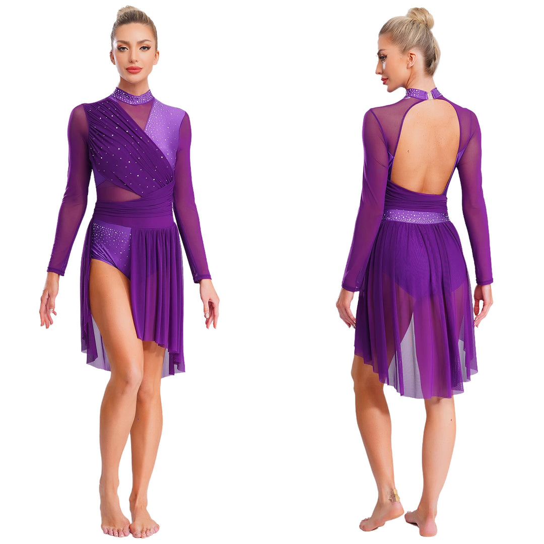 Womens Gymnastics Lyrical Ballet Dance Glittery Rhinestone Dress Ruched Backless Leotard Dresses Contemporary Dance Costumes
