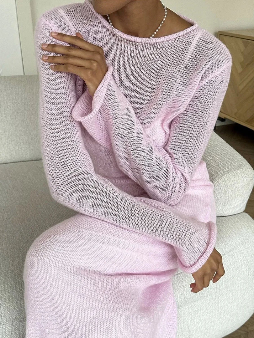 Sweet Pink Mohair Knitted Dress+Vests Dress Women New O-neck Casual Long Sleeve Dresses Suspenders Chic Vintage Two-piece Suit