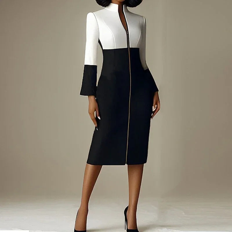 2026 Women Bodycon Dress Women's Casual Dresses Elegant Women's Dresses Contrast Color Zipper Long Sleeve Formal Outfit