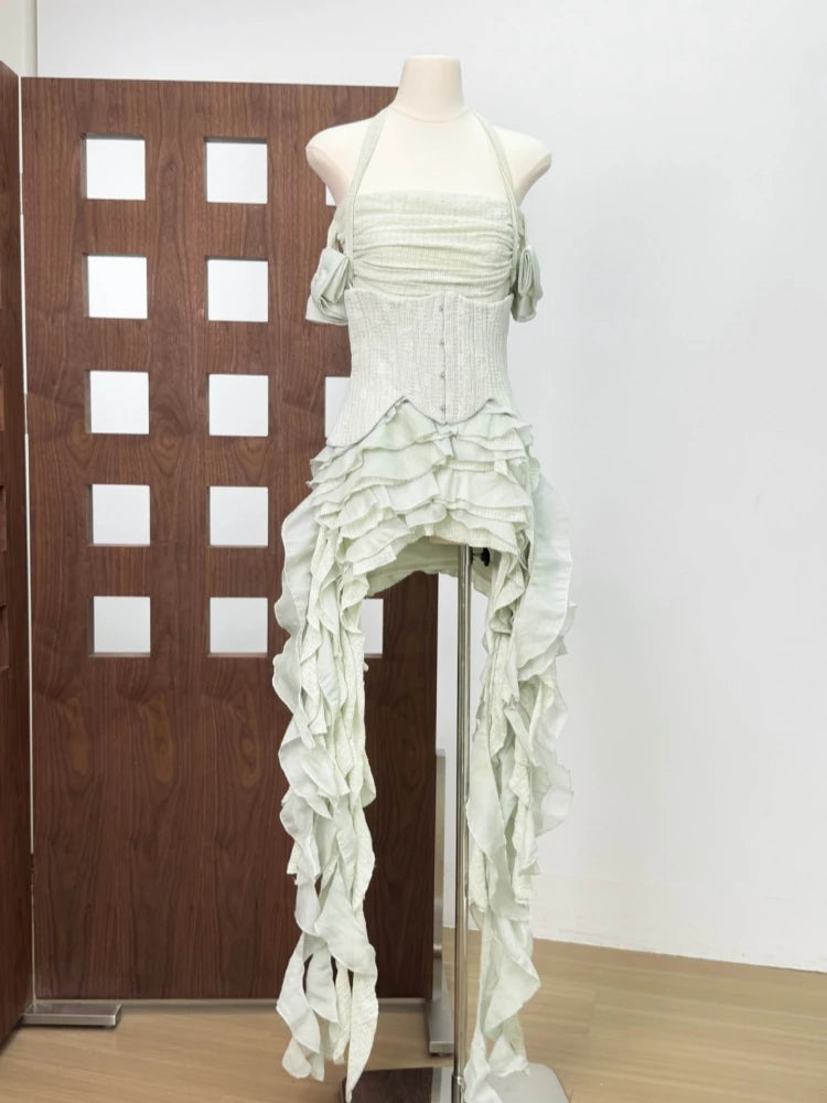 Women Ruffles Draped Dress Three Piece Sets Sexy Halter Neck Folds Ruffled Dress+Lace-up Corset Top+Shorts Suits Party Cocktail