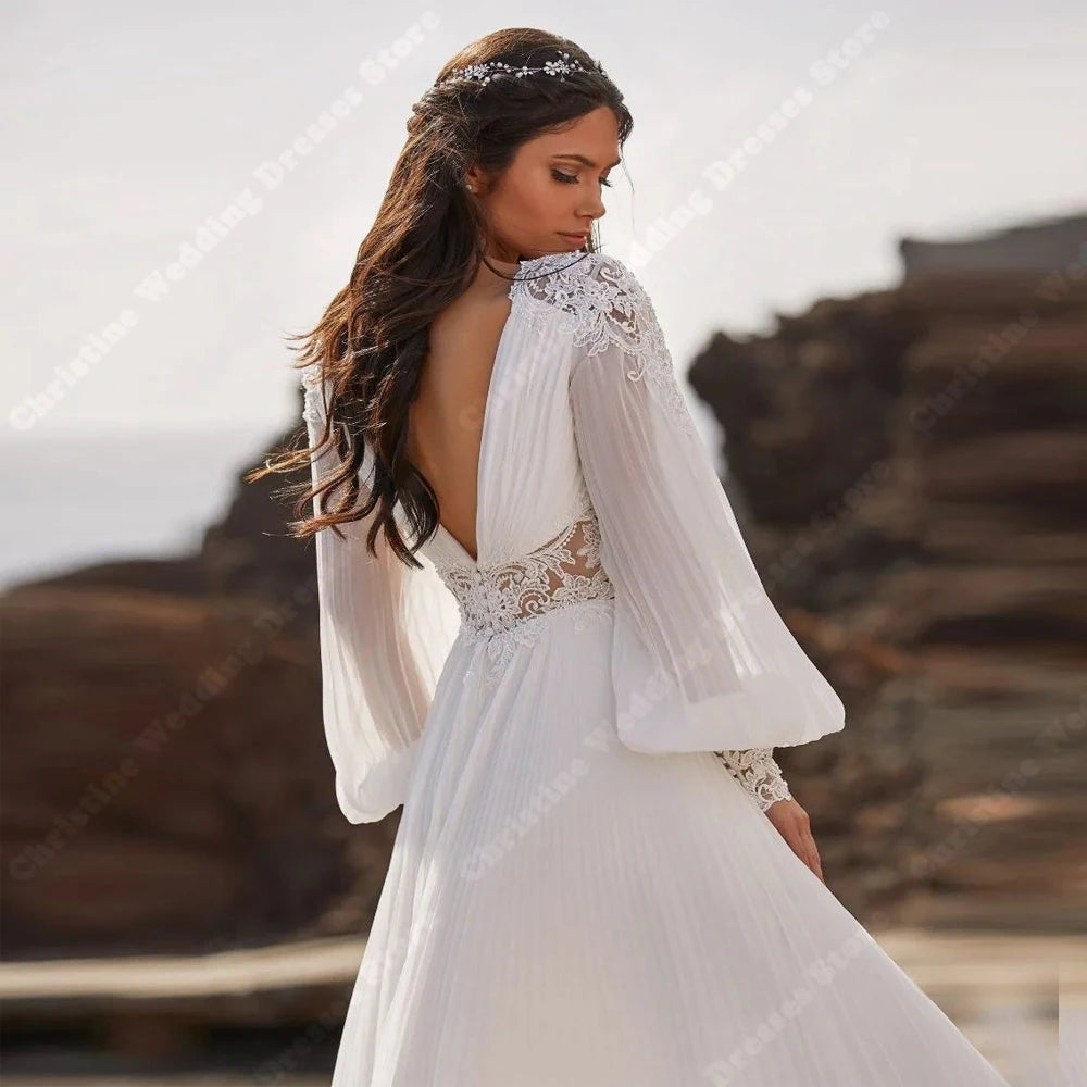 Elegant Women Wedding Dresses Deep-V A-Line Lace Bridal Gowns Backless Mopping Length Lace Printing Vestidos De Novia Customized