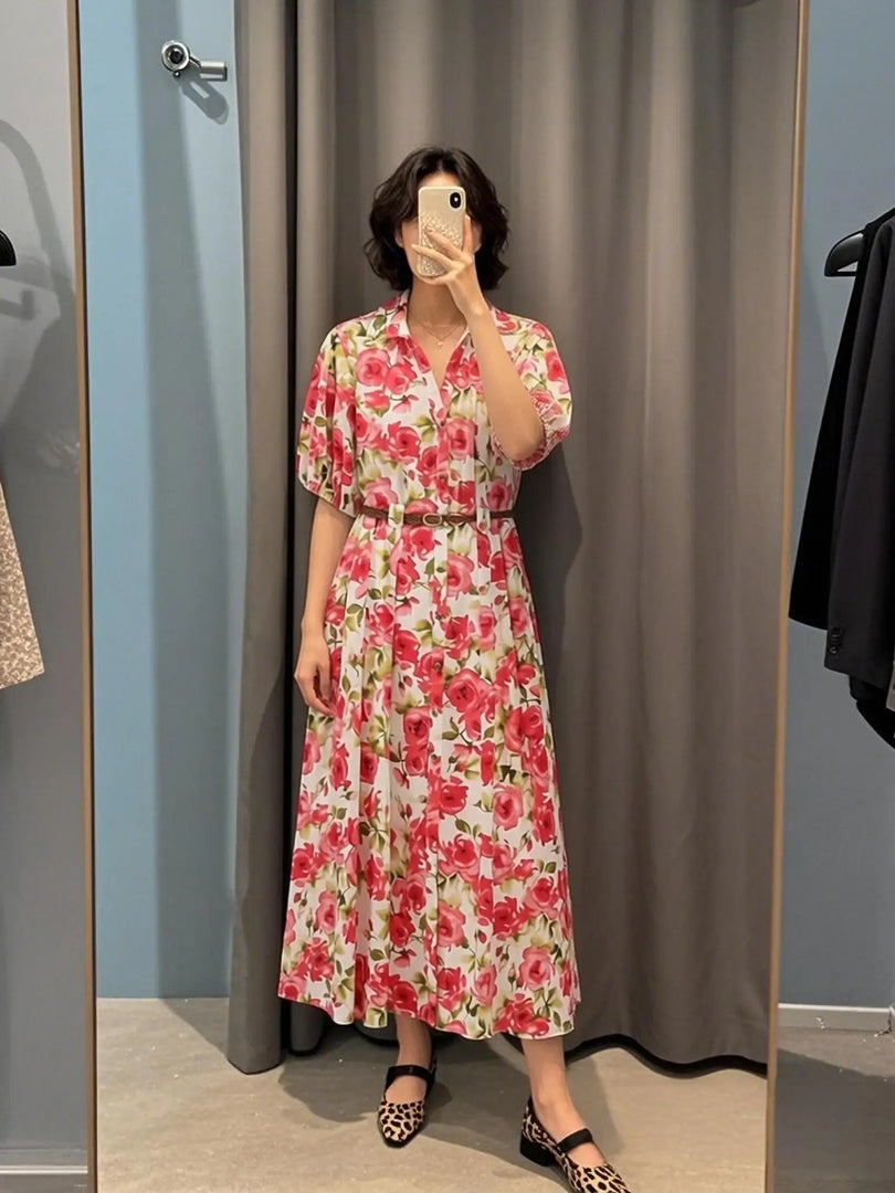 Women's Dresses Summer Female Fashion Floral Print Slim Dress With Belt Lady Chic High Waist V-Neck Bubble Short Sleeved Dress